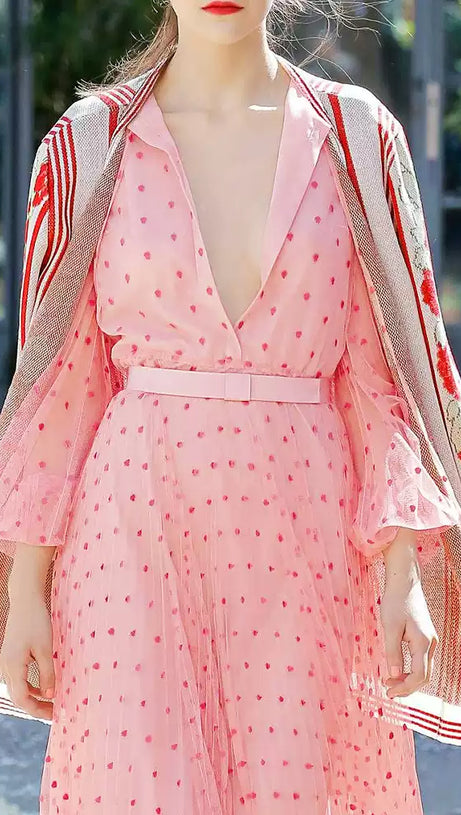 ELEGANT PINK SHEER DOT MAXI DRESS WITH TIE NECKLINE