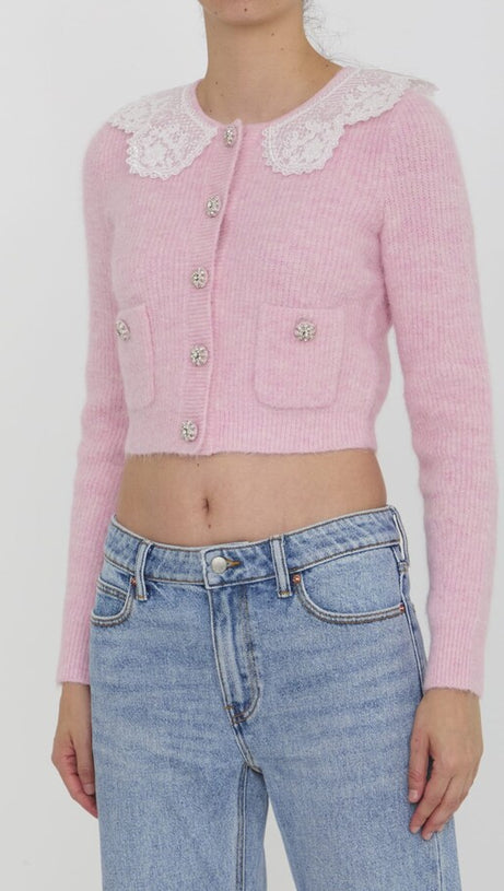 FLUFFY RIBBED-KNIT STRETCH-WOVEN BLEND CARDIGAN IN PINK