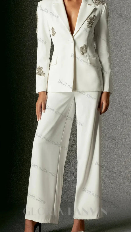 WINEE RHINESTONES EMBELLISHED BLAZER SET WHITE