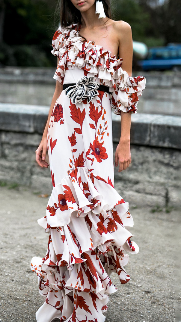 AIIZIE WHITE RED FLORAL OFF - SHOULDER TIERED MAXI DRESS - product image