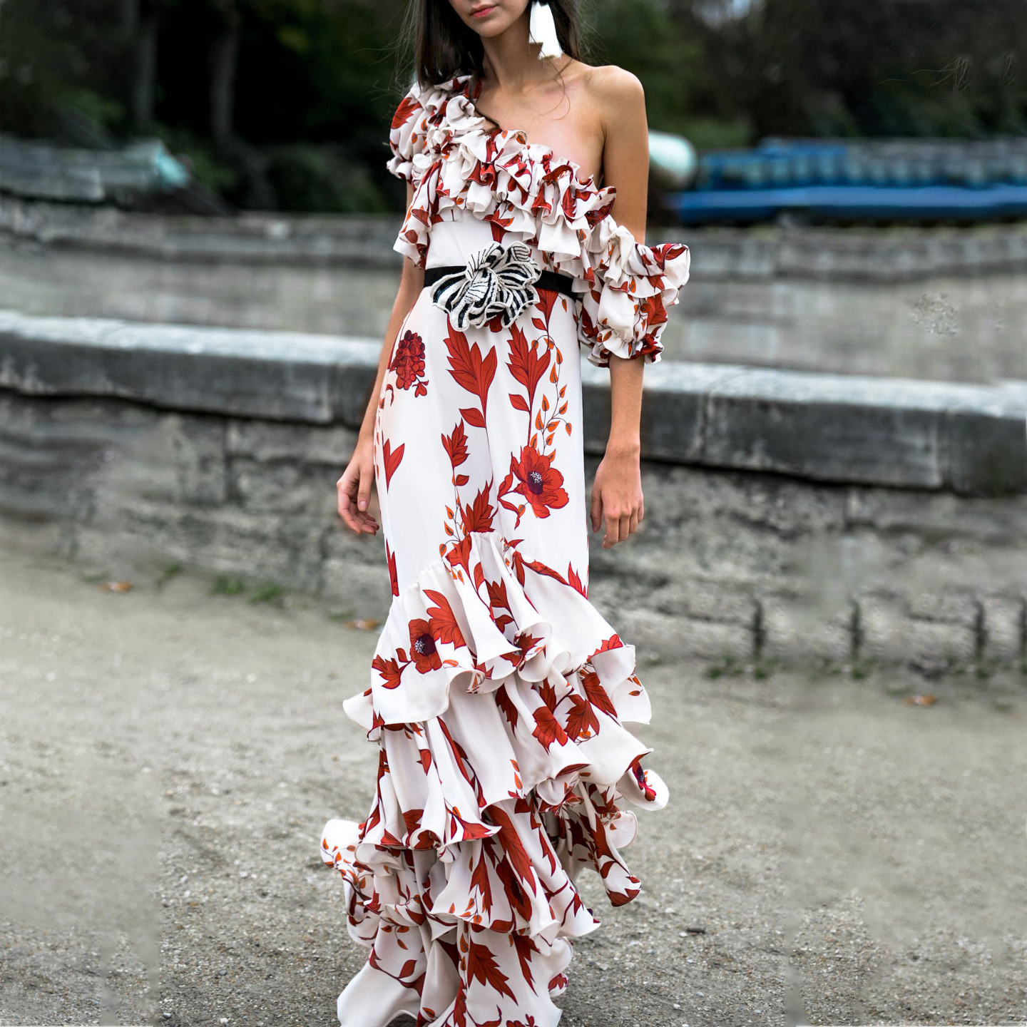 WHITE RED FLORAL OFF - SHOULDER TIERED MAXI DRESS