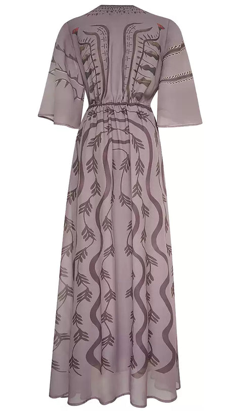 LILAC PRINTED MAXI DRESS WITH TIE - WAIST AND FLARED SLEEVES