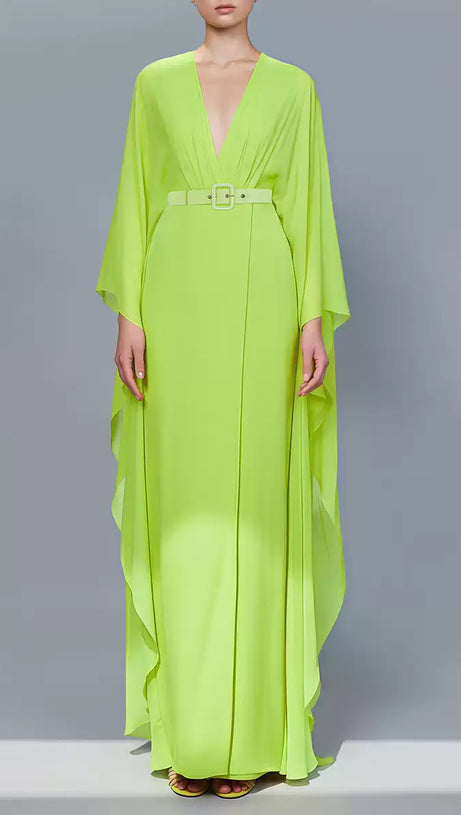 NEON GREEN CHIFFON MAXI DRESS WITH CAPE SLEEVES AND PLUNGE NECKLINE