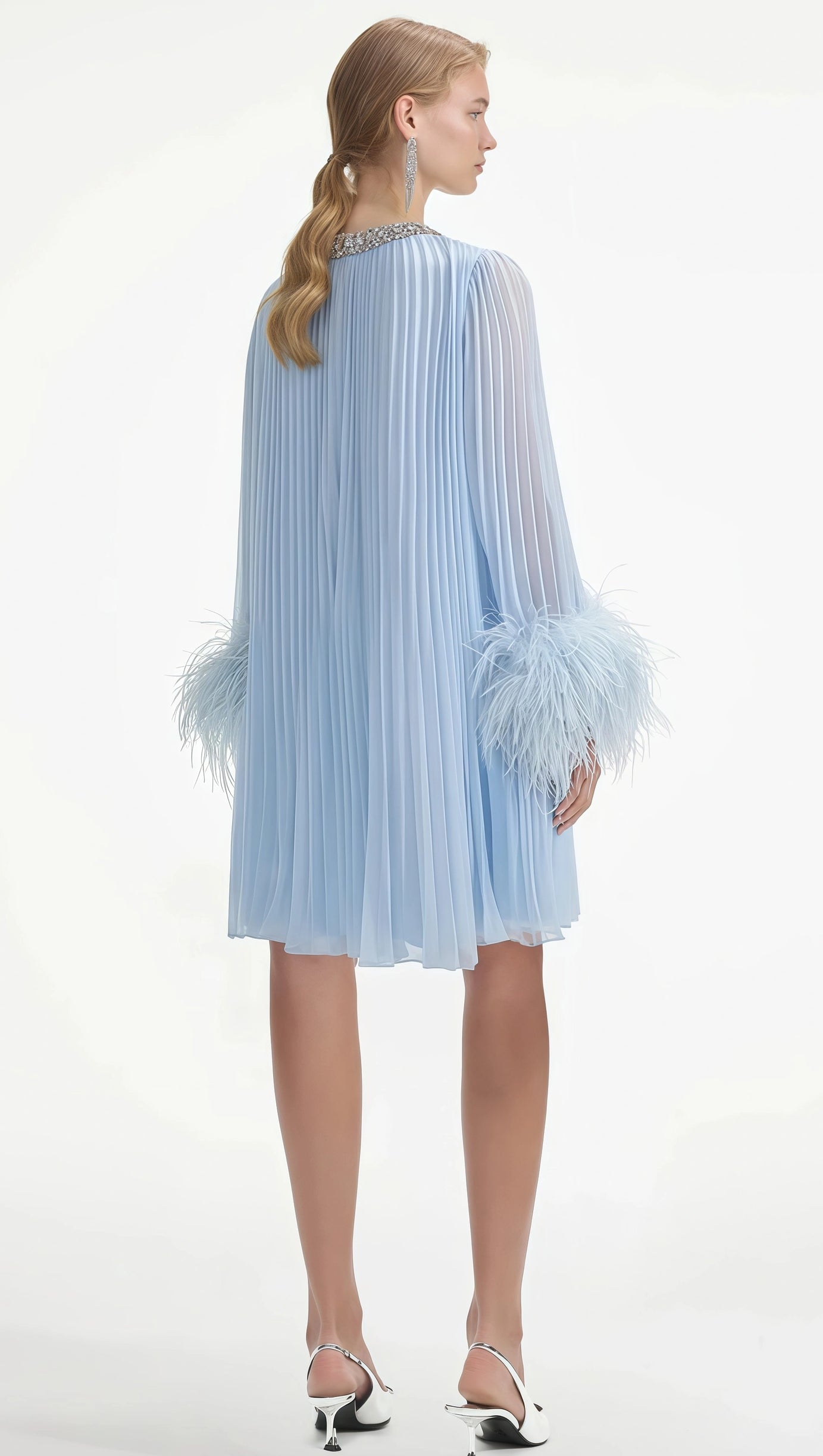 MANJA DIAMANTE CHIFFON FEATHER MINI DRESS - BLUE