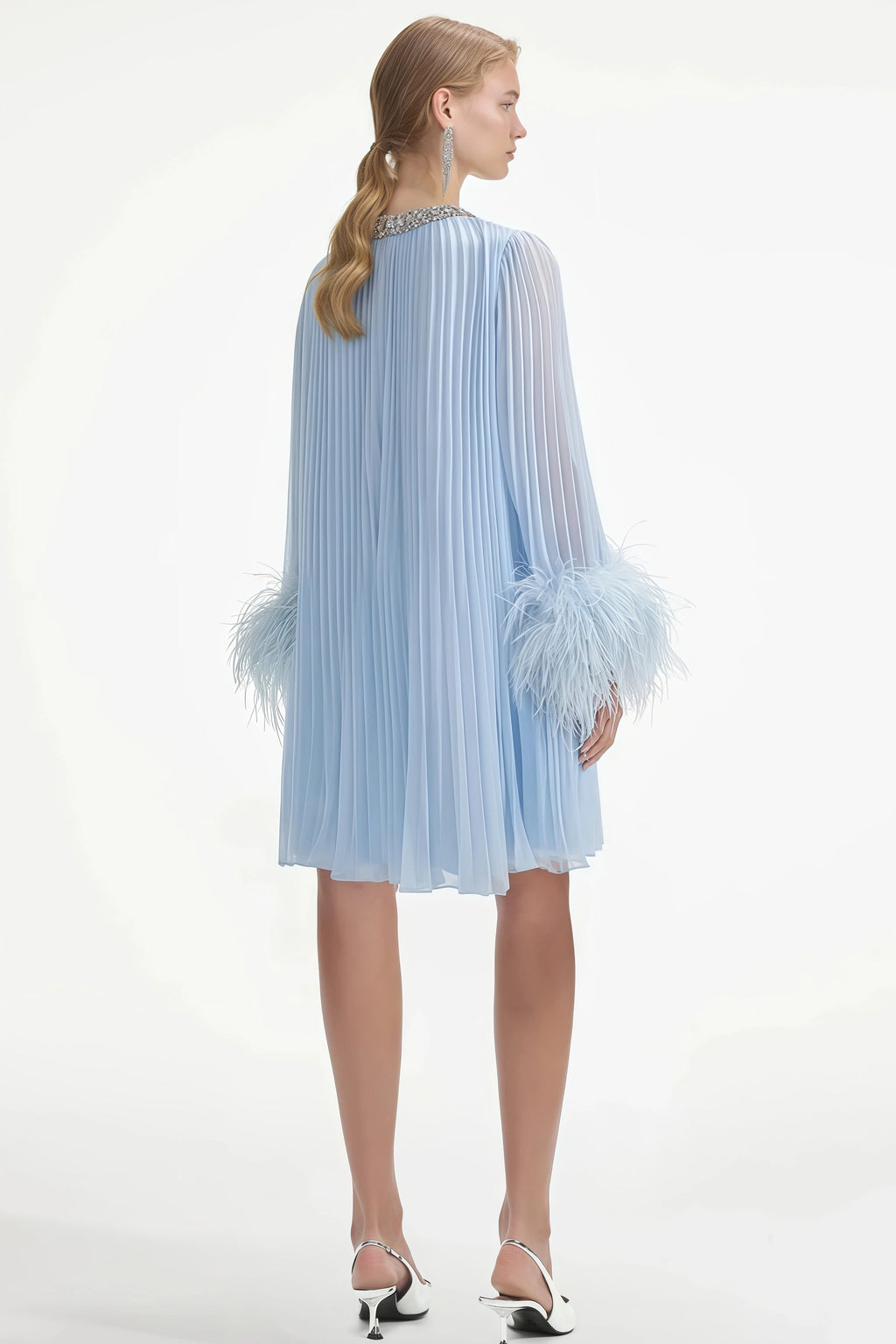 MANJA DIAMANTE CHIFFON FEATHER MINI DRESS - BLUE