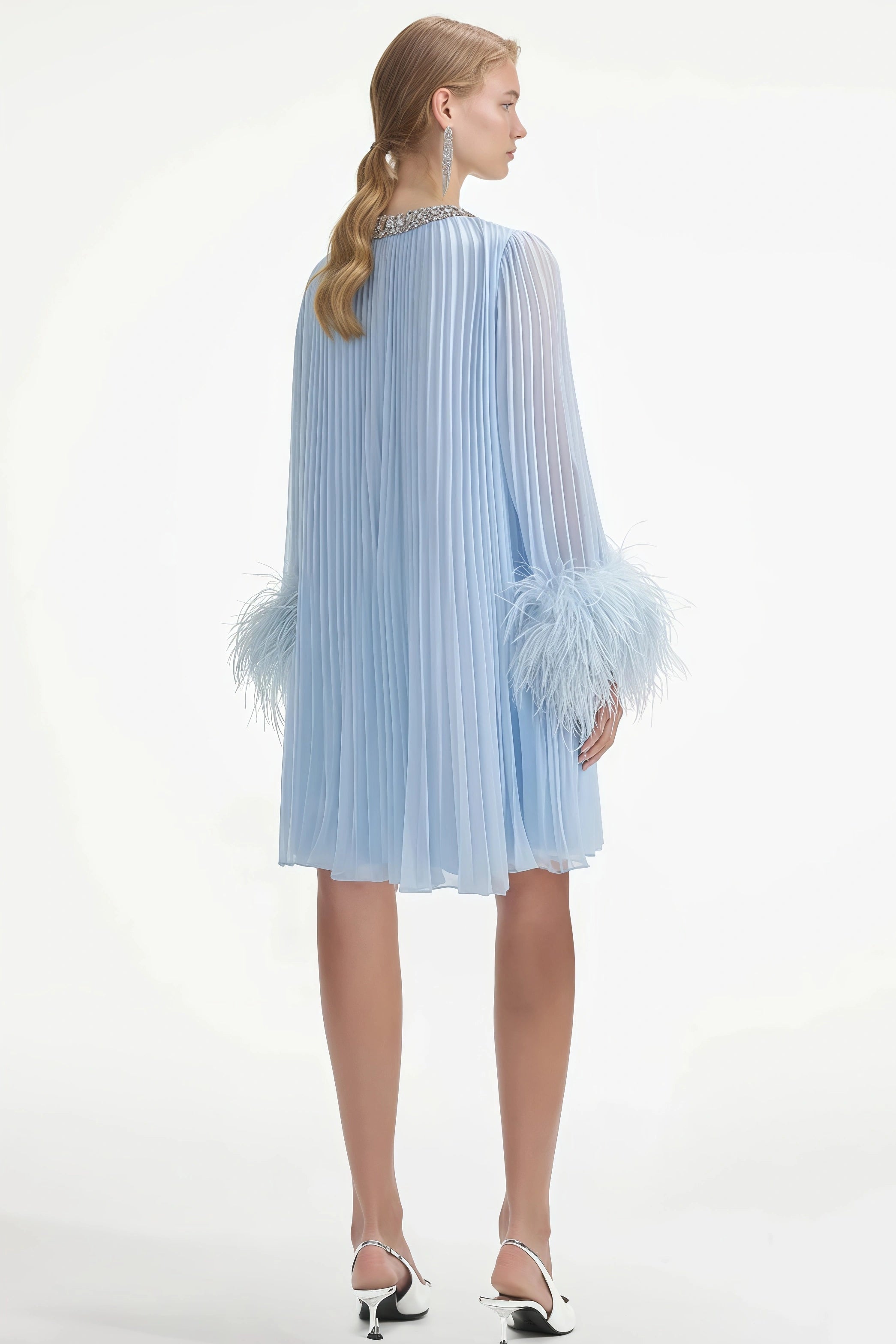 MANJA DIAMANTE CHIFFON FEATHER MINI DRESS - BLUE
