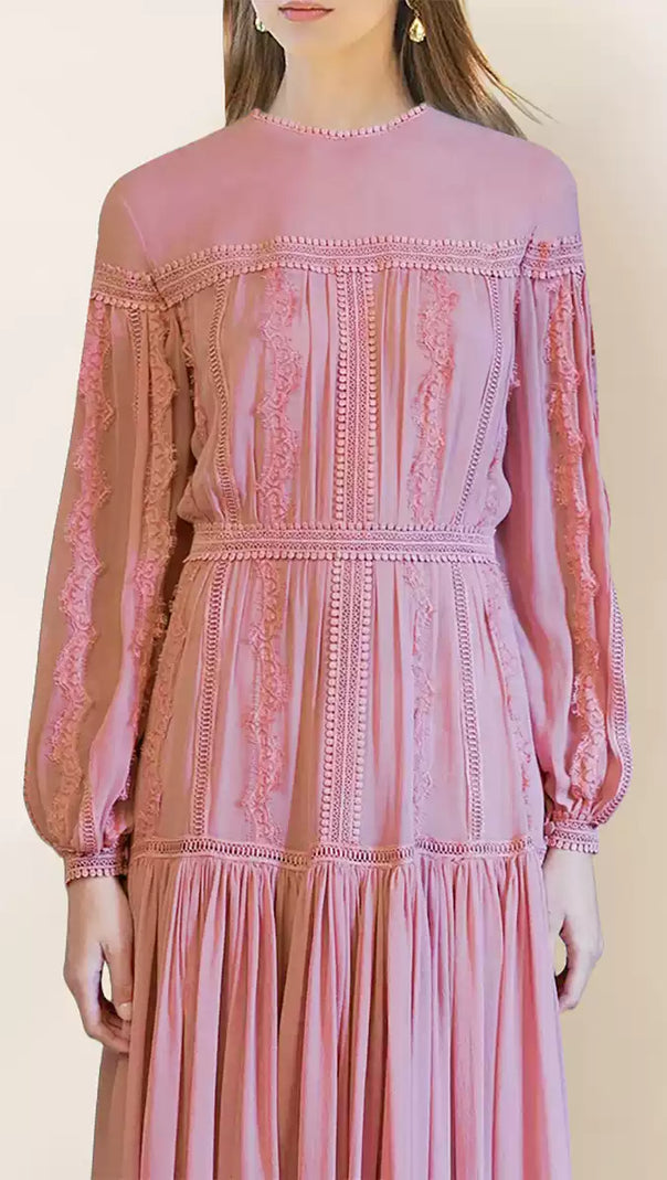 AIIZIE ELEGANT PINK CHIFFON MAXI DRESS WITH LACE DETAILING - product image