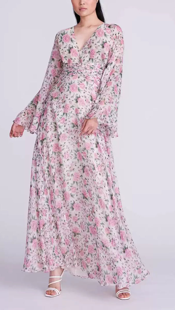 AIIZIE FLORAL PRINT V - NECK MAXI DRESS WITH BELL SLEEVES - product image