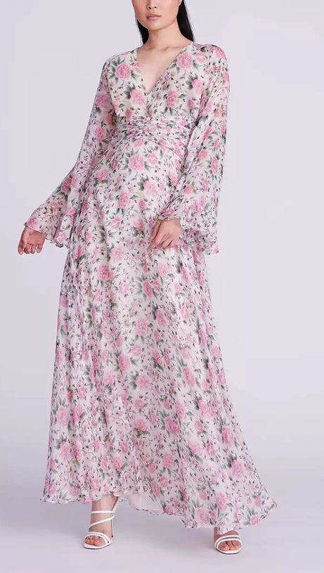 FLORAL PRINT V - NECK MAXI DRESS WITH BELL SLEEVES