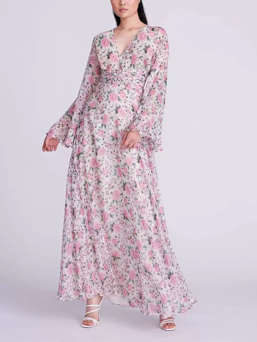 FLORAL PRINT V - NECK MAXI DRESS WITH BELL SLEEVES