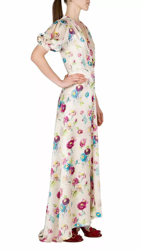 FLORAL PRINT V - NECK MAXI DRESS WITH PUFF SLEEVES
