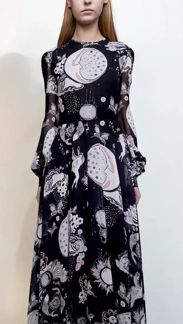 AIIZIE BLACK MAXI DRESS WITH SHEER SLEEVES AND FANTASY PRINTS - product image