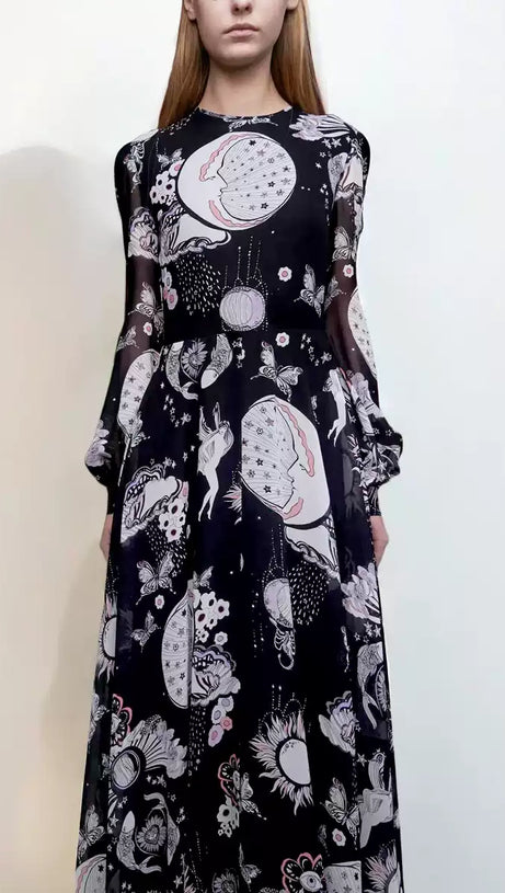 BLACK MAXI DRESS WITH SHEER SLEEVES AND FANTASY PRINTS