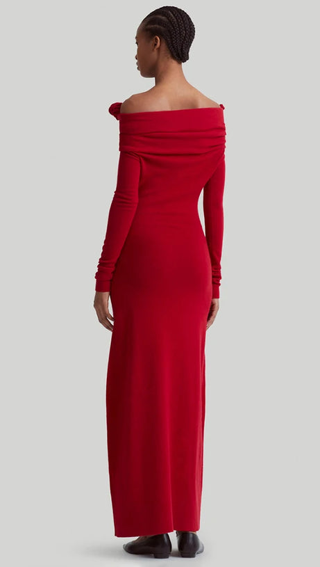 OFF-SHOULDER FLORAL EMBELLISHED RUCHED MAXI DRESS IN RED