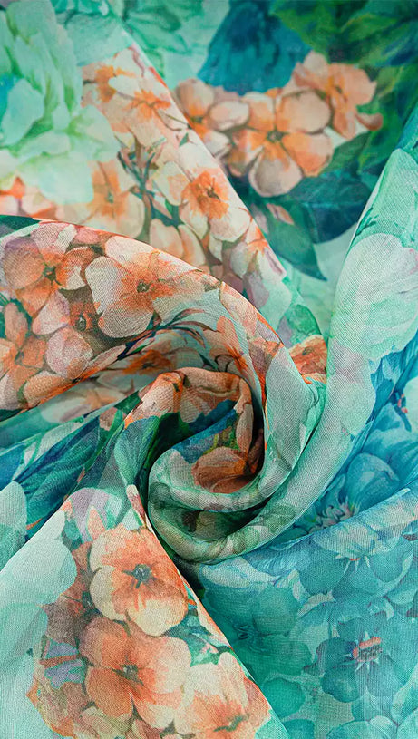 TEAL FLORAL MAXI DRESS WITH PUFF SLEEVES AND V - NECK