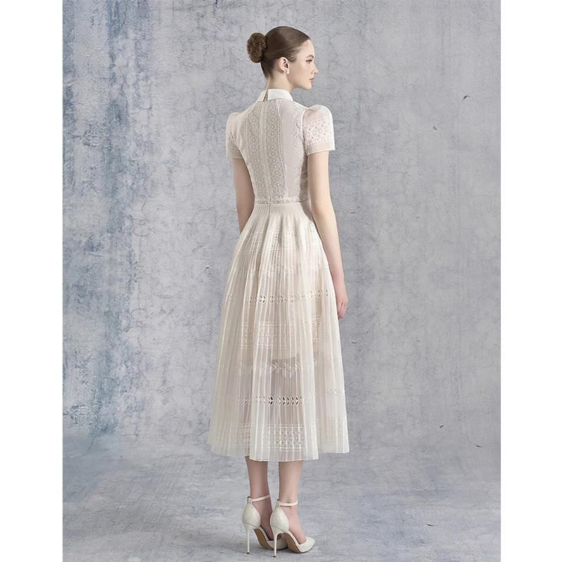 LACE HOLLOW EMBROIDERY MIDI DRESS IN APRICOT