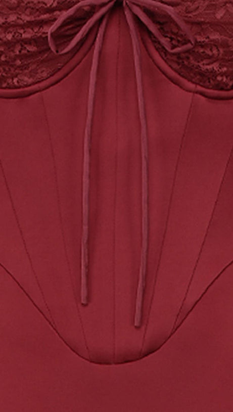 BURGUNDY SATIN MAXI DRESS WITH CORSET