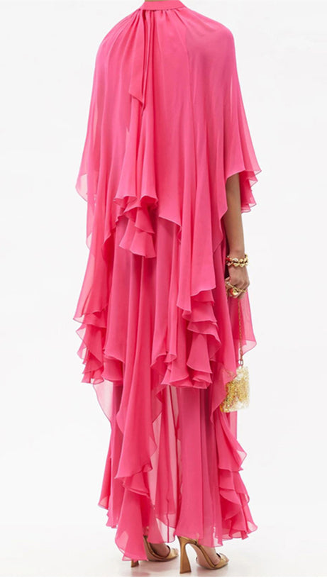 HOT PINK CHIFFON RUFFLED ASYMMETRIC MAXI DRESS