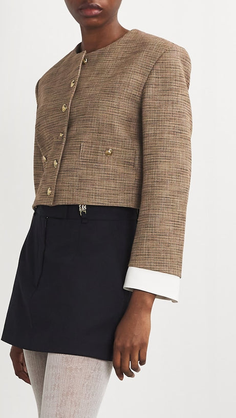 ROUND-NECK HOUNDSTOOTH-PATTERN WOVEN JACKET IN BRUNS