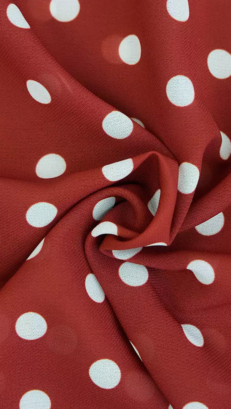 BURGUNDY POLKA DOT MAXI DRESS WITH RUFFLED V - NECK AND BELT