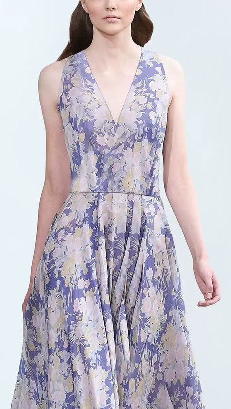 PURPLE ELEGANT FLORAL MAXI DRESS WITH V - NECK AND FLOWY SKIRT