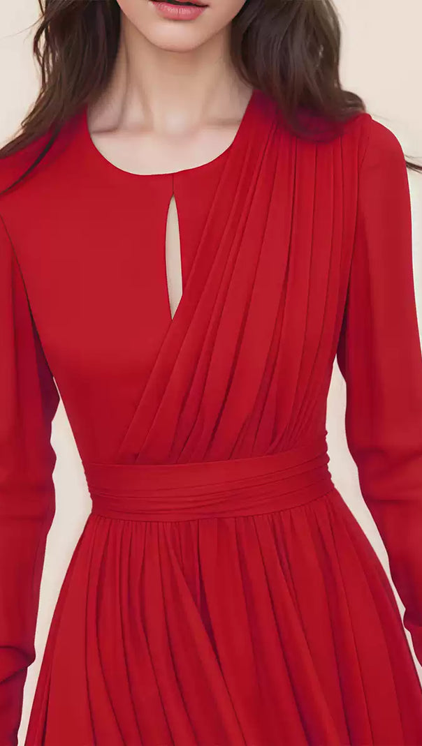 AIIZIE RED CHIFFON ASYMMETRIC MIDI DRESS WITH PLEATED DETAIL - product image