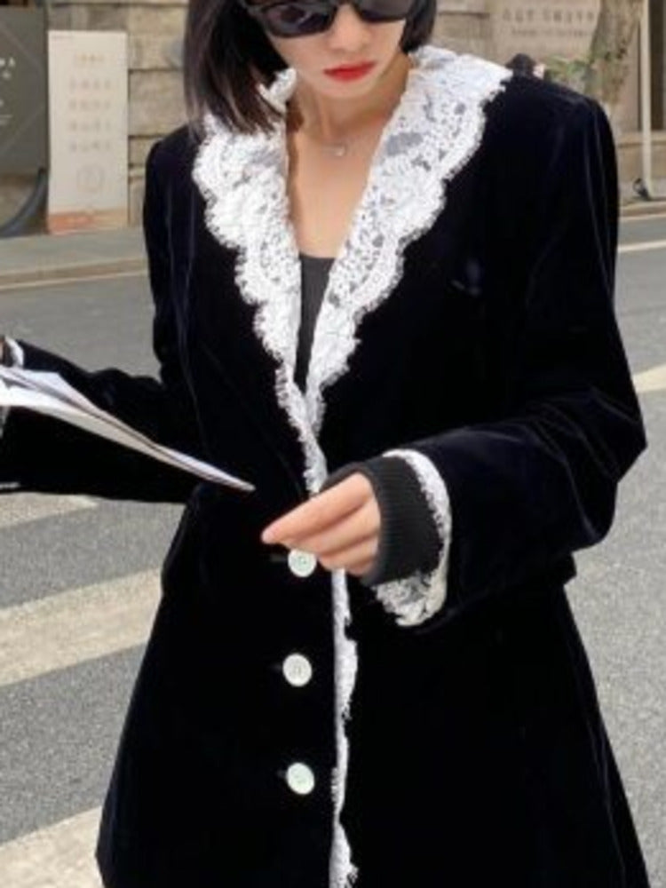 AIIZIE LACE-NECK VELVET BLAZER IN BLACK - product image