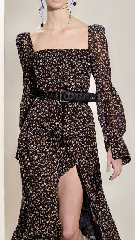 ABITO MIDI A BALZE CON MANICHE TRASPARENTI E FLOREALI NERI