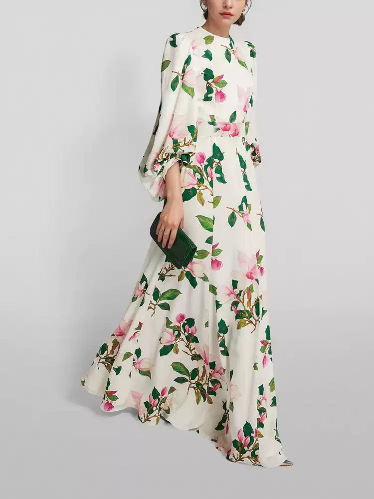 AIIZIE WHITE VINTAGE COURT - STYLE HIGH - NECK FLORAL CHIFFON MAXI DRESS - product image