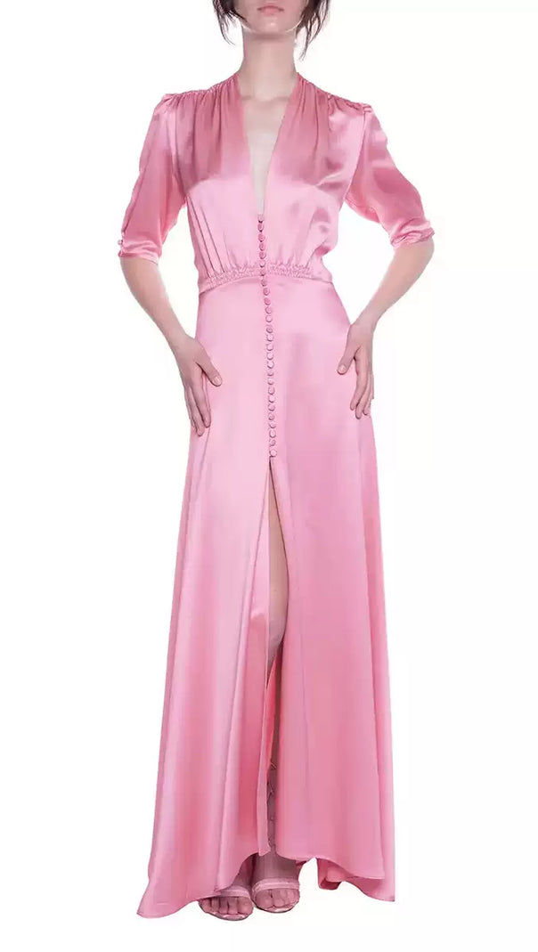 AIIZIE PINK SATIN MAXI DRESS WITH V NECK AND BUTTON FRONT - product image