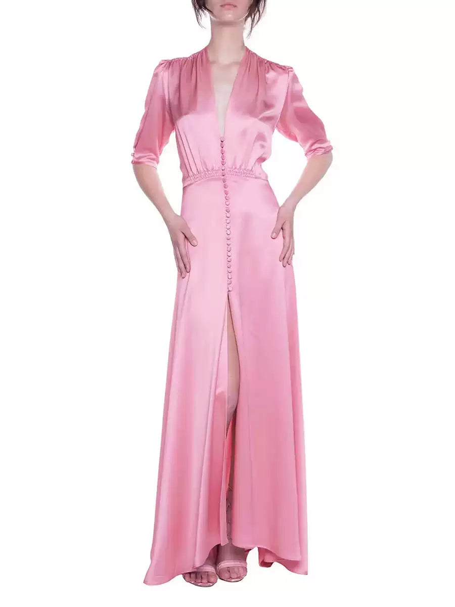 PINK SATIN MAXI DRESS WITH V NECK AND BUTTON FRONT