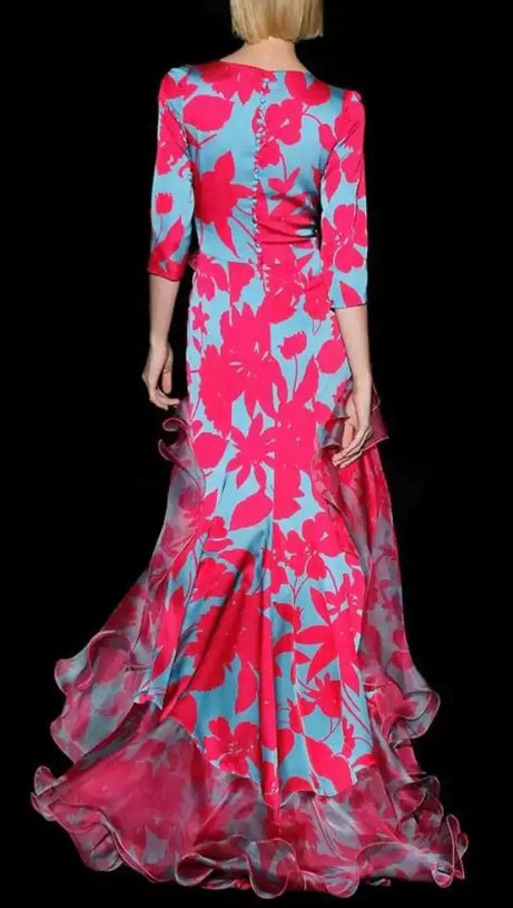 ELEGANT FLORAL WRAP DRESS WITH RUFFLED HEM AND SHEER DETAILS