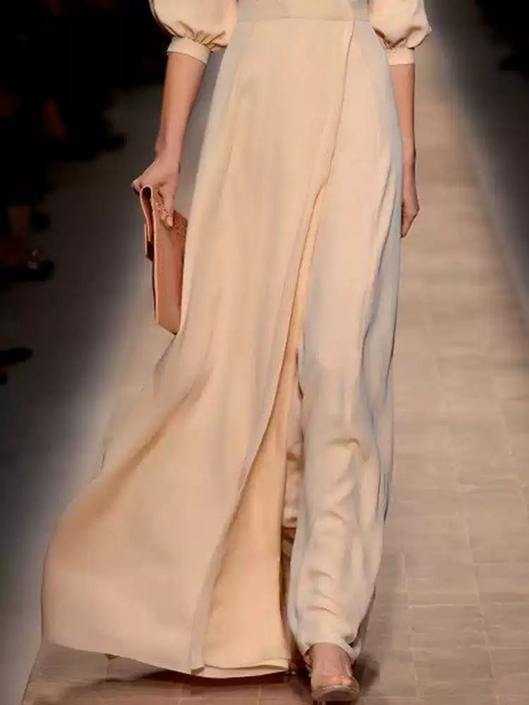 AIIZIE ELEGANT BEIGE WRAP MAXI DRESS WITH PUFF SLEEVES - product image