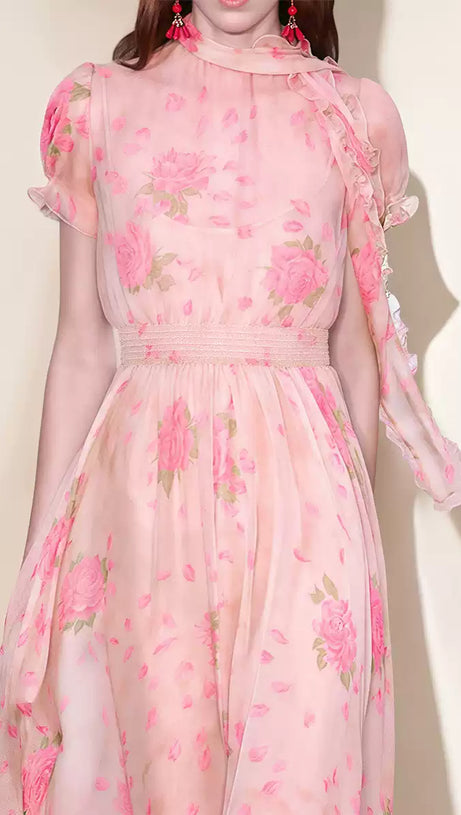 PINK FLORAL CHIFFON MAXI DRESS WITH PUFF SLEEVES AND SCARF NECKLINE