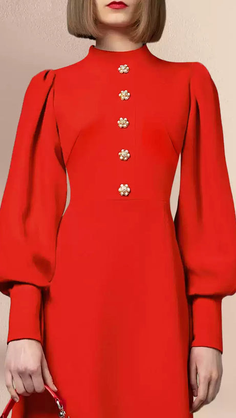 RED MOCK - NECK MIDI DRESS WITH PUFF SLEEVES AND BUTTON DETAIL