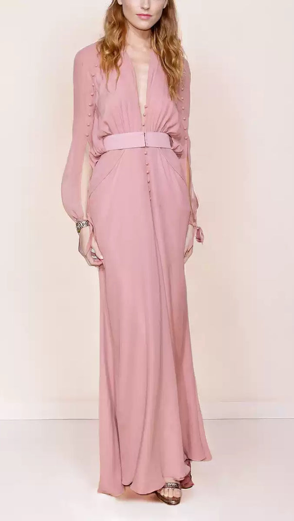 AIIZIE ELEGANT PINK MAXI DRESS WITH BUTTON FRONT AND BELTED WAIST - product image