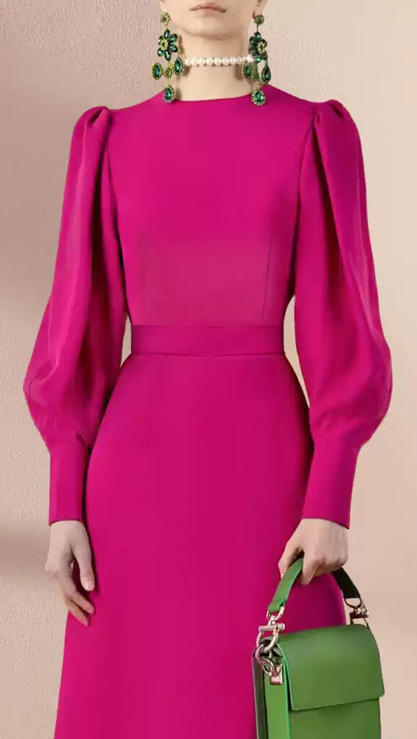 AIIZIE FUCHSIA PUFF SLEEVE MIDI DRESS WITH WAISTBAND - product image
