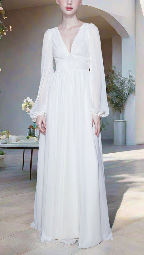Weißes elegantes Chiffon-Maxikleid mit V-Ausschnitt und langen Ärmeln 
