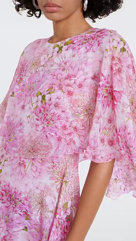 PINK FLORAL CHIFFON CAPE - SLEEVE MAXI DRESS