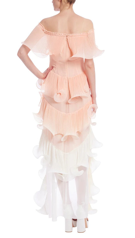 DORA PEACH MULTI OMBRE OFF-SHOULDER PLEATED ORGANZA MAXI DRESS