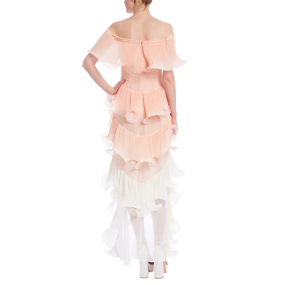 AIIZIE DORA PEACH MULTI OMBRE OFF-SHOULDER PLEATED ORGANZA MAXI DRESS - product image