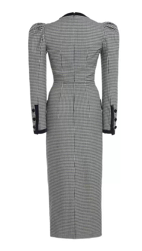 BLACK AND WHITE HOUNDSTOOTH MIDI DRESS WITH PUFF SLEEVES