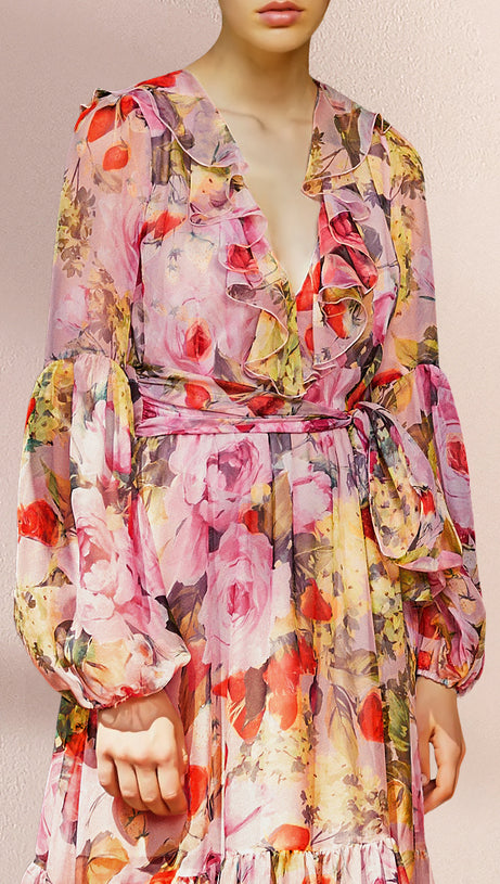 YELLOW FLORAL PRINT RUFFLE V - NECK MAXI DRESS WITH BELT