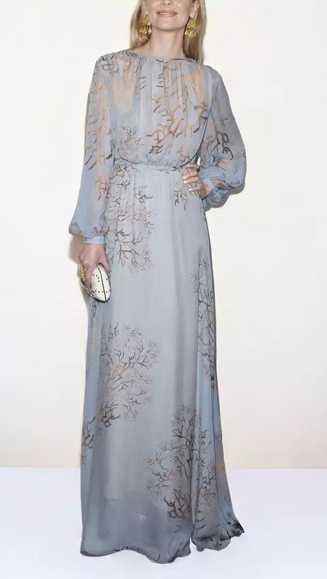 LIGHT BLUE CHIFFON MAXI DRESS WITH TREE PRINT MAXI DRESS