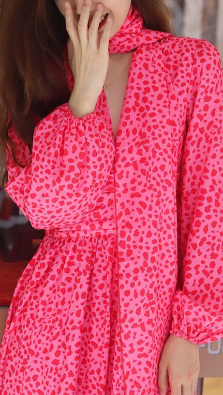 PINK LEOPARD PRINT CHIFFON MAXI DRESS WITH TIE NECKLINE