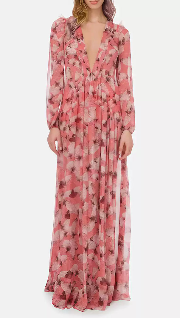 AIIZIE PINK FLORAL CHIFFON DEEP V - NECK MAXI DRESS - product image