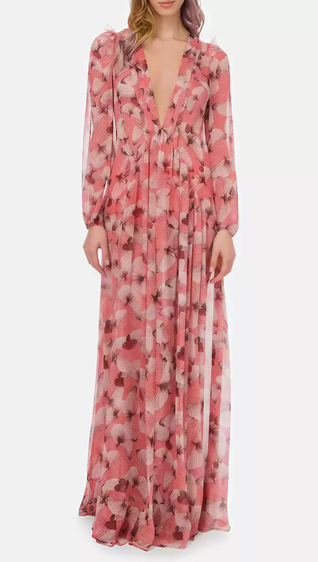 PINK FLORAL CHIFFON DEEP V - NECK MAXI DRESS