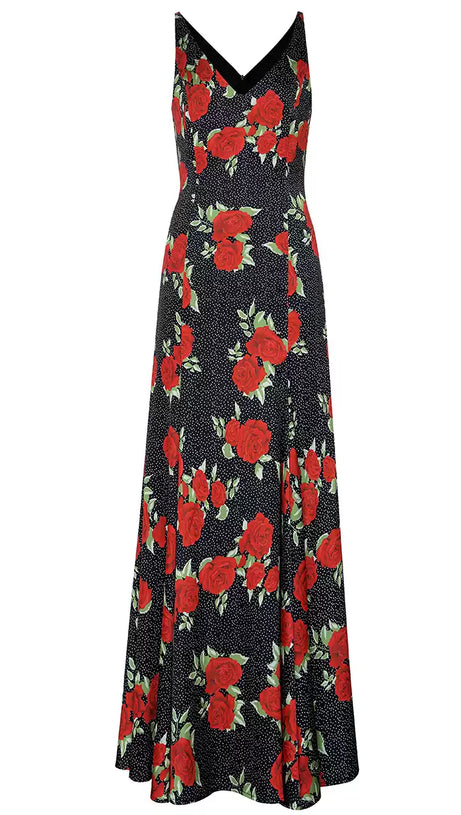 BLACK MAXI DRESS WITH RED ROSE PRINTS AND V - NECK