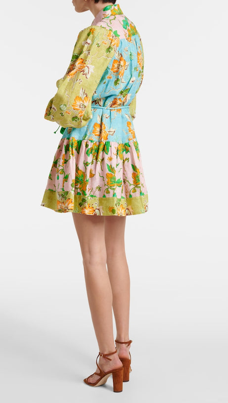 DONNA PRINTED COLORBLOCKED LINEN SHIRT DRESS