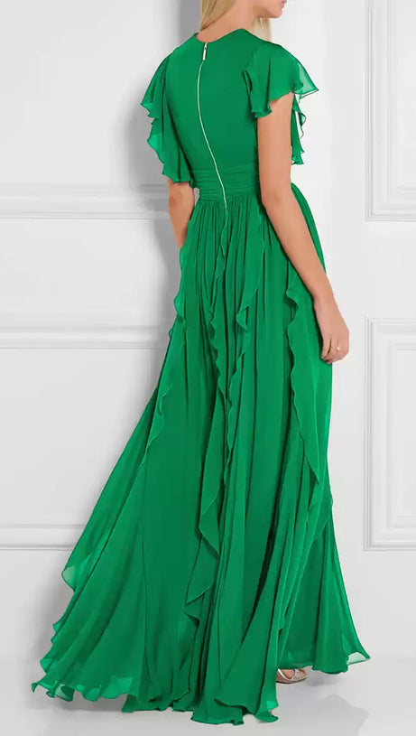 GREEN V - NECK RUFFLED MAXI DRESS